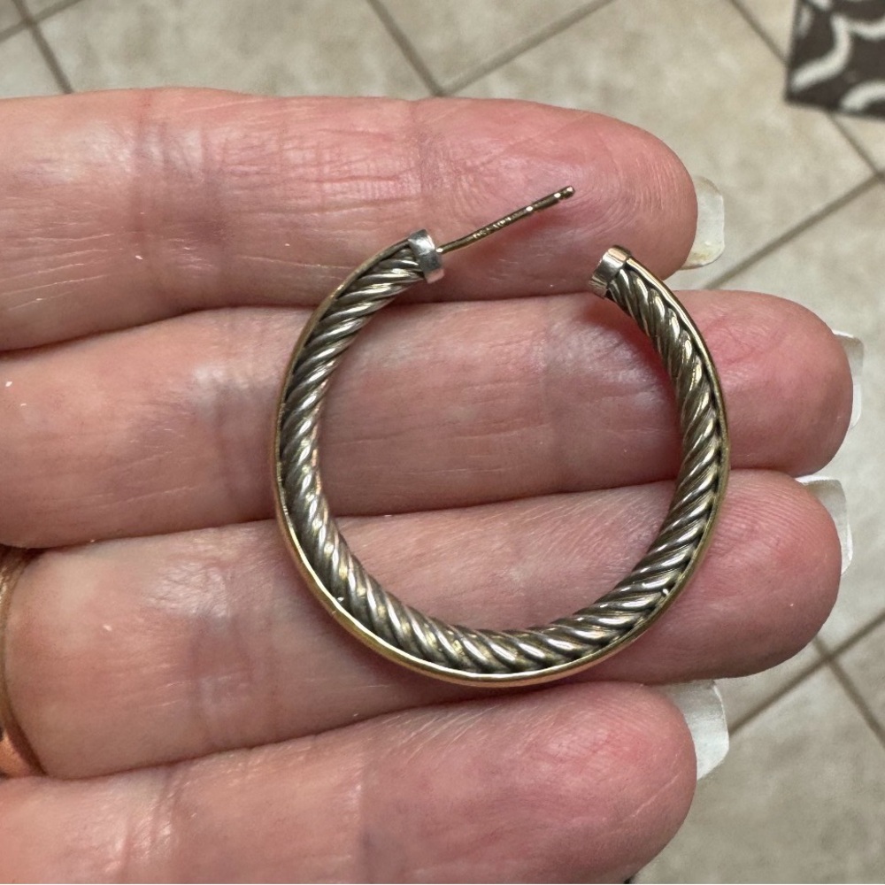 David Yurman 18k & SS Twist Hoop Earrings - Silver cable inside 18k outside - Picture 3 of 11